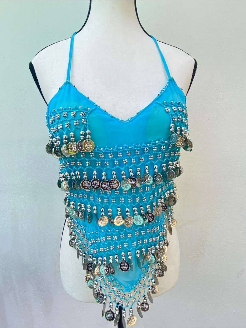 Y2K Aqua Blue & Silver Coin Crochet Beaded Halter  Top Size Small